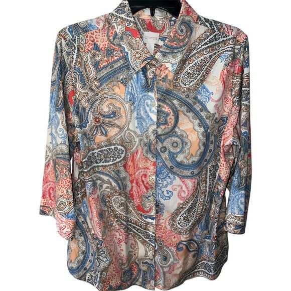 Chicos No Iron Top Womens 2 Large Multicolor Paisley Print Button Up Long Sleeve - Picture 1 of 9